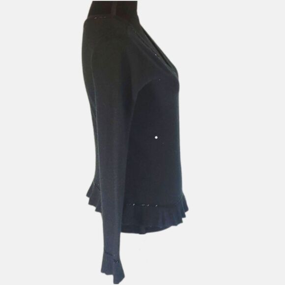 Tommy Hilfiger Black Beaded V-neck Ruffle Sweater Size S/P - Picture 4 of 6